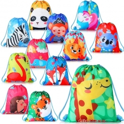 Shappy 12 Pack Cartoon Animal Party Favors Bags for Kids Safari Animal Gift Bag Jungle Safari Drawstring Backpack 9.84 x 11.81 Inch Zoo Candy Goodie Bags for Girl Boy Birthday Baby Shower Party Supply