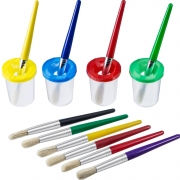 Shappy 4 Pieces Spill Proof Paint Cups in 4 Colors and 10 Pieces Assorted Colored Brushes Set