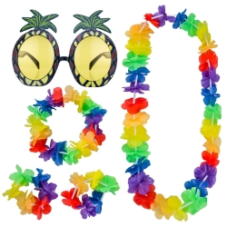 Shappy Pineapple Sunglasses Accessory and 4 Piece Hawaiian Leis Garland Flower Necklace Bracelets Headband Party Fancy Dress Set