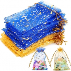 Shappy 50 Pcs Eid Mubarak Moon Star Organza Bags 4x6" Drawstring Sheer Mesh Latern Muslim Ramadan Tulle Jewelry Candy Gift Pouches for Party Wedding Supplies Decoration gold